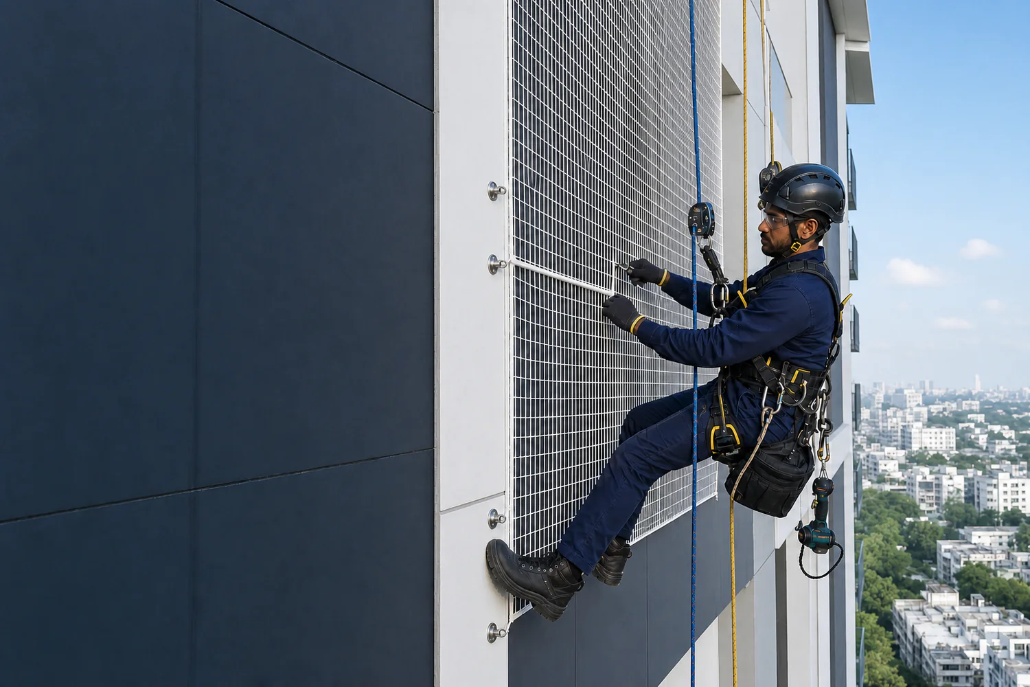 Rope-access technician installing high-rise safety netting
